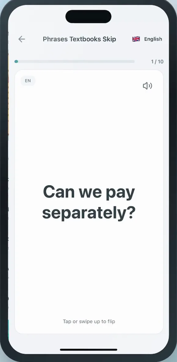 Front of a flashcard, showing a single English phrase