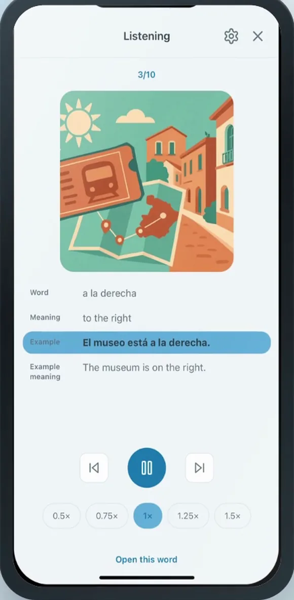 Listening screen, reading the example sentences aloud
