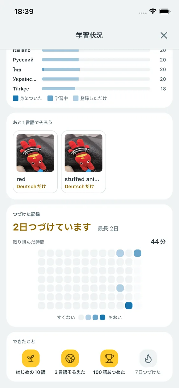 Progress screen, showing retention per language and your streak